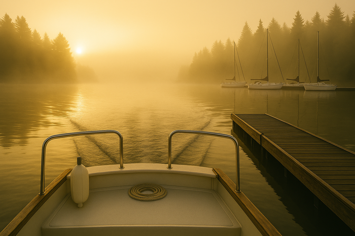 View from the stern of a small boat leaving a Puget Sound marina at sunrise, with calm water, symmetrical railings, soft wake, and golden light.